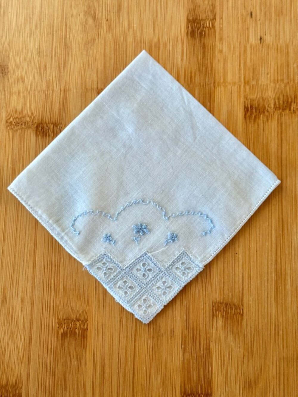 Vintage 1950s Cotton Handkerchief With Baby Blue Embroidery  Details